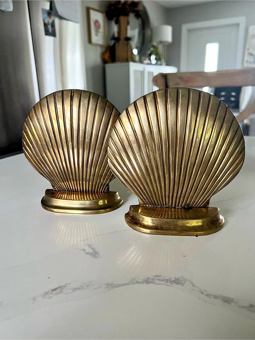 Vintage Brass Scallop Shell Bookends Pair Made in India Coastal Hollywood Regenc